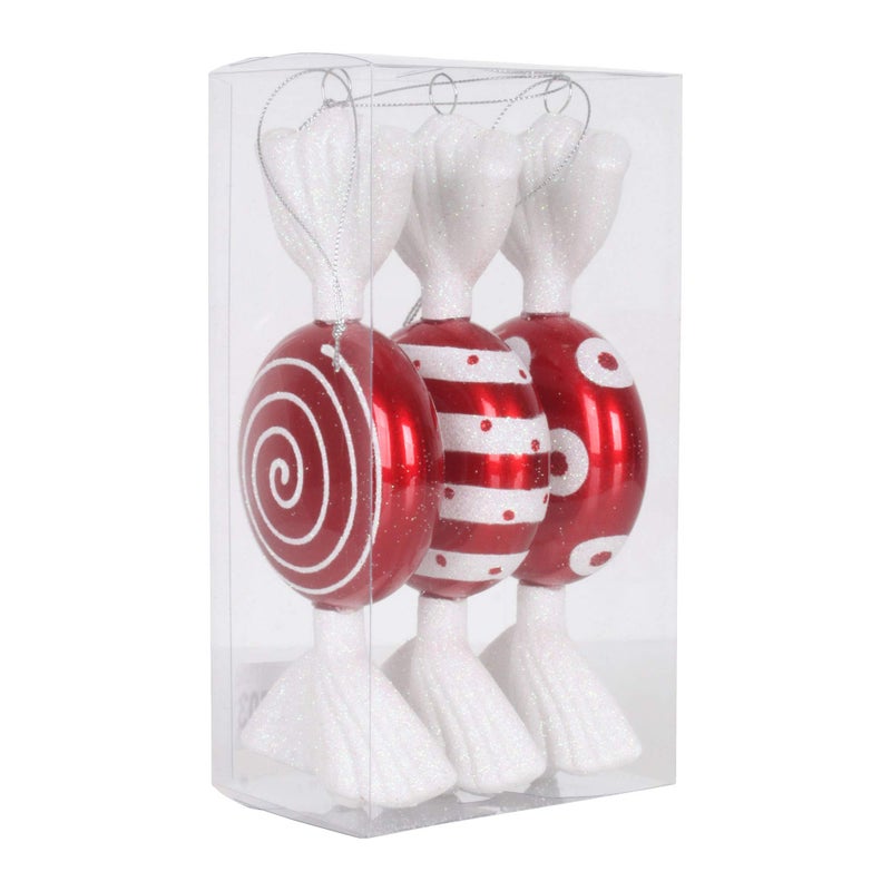 Vickerman 7" Red and White Flat Candy Christmas Ornament - Set of 3 - Festive Addition - Candy Ornaments - Hanging Strings Included - Assorted Glitter Accents - Shatterproof - Image 1